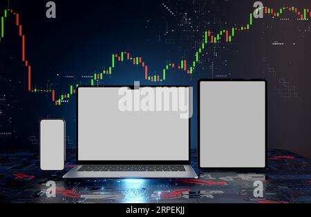 Mock-up-Computer und intelligente Geräte auf Forex-Diagramm Hintergrund, 3D-Illustration Rendering Stockfoto