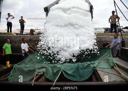 (190901) -- RIZHAO, 1. September 2019 -- Fischer laden Eiswürfel in das Boot, bevor sie in Rizhao, ostchinesische Provinz Shandong, 1. September 2019 zum Angeln aufbrechen. Das jährliche Sommerfangverbot, das am 1. Mai im Gelben Meer und im Bohai-Meer verhängt wurde, endete am Sonntag. ) CHINA-SHANDONG-RIZHAO-FISHING SEASON (CN) WANGXKAI PUBLICATIONXNOTXINXCHN Stockfoto