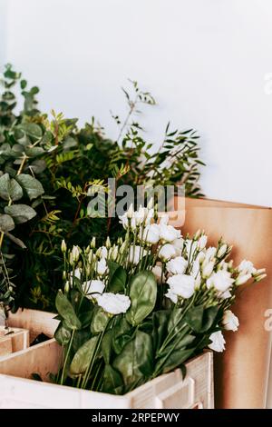 Ein Bündel weißer Eustomblüten und verschiedene grüne Pflanzen für Blumensträuße in einem Blumenladen. Vorderansicht Stockfoto