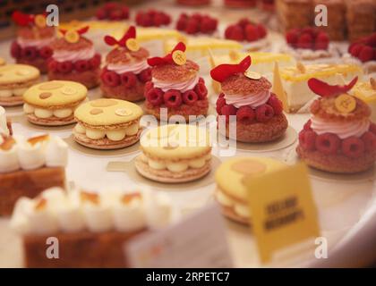 (190904) -- PARIS, 4. September 2019 -- Foto aufgenommen am 30. August 2019 zeigt Macarons in einem Macaronladen Pierre Herme in Paris, Frankreich. Macaron ist eine süße Süßigkeit auf Meringue-Basis, die aus Eiweiß, Puderzucker, Mandelpulver und Lebensmittelkleidung hergestellt wird. Früher war es ein aristokratisches Essen und ein Symbol für Luxus in der Geschichte. Macaron ist ein Symbol für französische Desserts und ist heutzutage bei Menschen auf der ganzen Welt beliebt. ) FRANCE-PARIS-MACARON GaoxJing PUBLICATIONxNOTxINxCHN Stockfoto