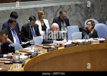 (190909) -- VEREINTEN NATIONEN, 9. September 2019 -- Vassily Nebenzia (C, Front), ständiger russischer Vertreter bei den Vereinten Nationen und Präsident des Sicherheitsrats für den Monat September, leitet am 9. September 2019 im Hauptquartier der Vereinten Nationen in New York eine Tagung über Friedenssicherungseinsätze der Vereinten Nationen. Die Friedenssicherungsbemühungen der Vereinten Nationen zielen darauf ab, die Kapazität ihrer Missionen zu stärken, um einen mobileren und robusteren operativen Ansatz zu gewährleisten, erklärte UN-Untergeneralsekretär für Friedensmissionen Jean-Pierre Lacroix am Montag. FRIEDENSSICHERUNGSEINSÄTZE DES VN-SICHERHEITSRATS LixMuzi PUBLICATIONxNOTxINxCHN Stockfoto