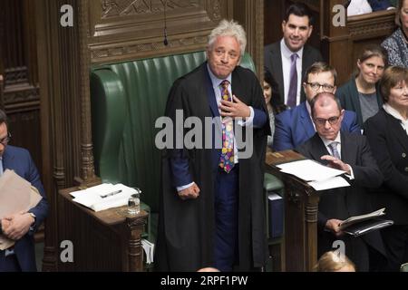 Bilder des Jahres 2019, News 09 September News Themen der Woche KW37 News Bilder des Tages 190910 -- LONDON, 10. September 2019 Xinhua -- John Bercow, Sprecher des House of Commons, kündigt am 9. September 2019 seinen Rücktritt in London an. Die britischen Gesetzgeber stimmten am Montagabend dafür, Premierminister Boris Johnsons zweites Angebot für eine schnelle Parlamentswahl abzulehnen, was seiner Brexit-Strategie einen weiteren schweren Schlag versetzt. Jessica Taylor/UK Parliament/Handout via Xinhua HOC OBLIGATORISCHER KREDIT: UK Parliament/Jessica Taylor BRITAIN-LONDON-BREXIT-PARLIAMENT PUBLICATIONXNOTXINXCHN Stockfoto