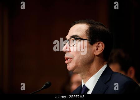 (190910) -- WASHINGTON, 10. September 2019 -- US-Finanzminister Steven Mnuchin spricht bei einer Anhörung des Senats für Banken, Wohnungswesen und Stadtentwicklung über die Reformen der Wohnraumfinanzierung auf dem Capitol Hill in Washington D.C., USA, am 10. September 2019. (Foto: /Xinhua) U.S.-WASHINGTON D.C.-CAPITOL HILL-MNUCHIN-HEARING TingxShen PUBLICATIONxNOTxINxCHN Stockfoto