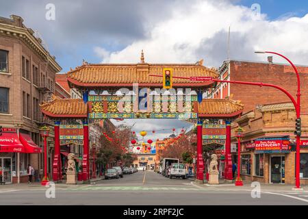 Blick auf die Fisgard Street mit dem chinesischen Tor in Chinatown, Victoria, Vancouver Island, British Columbia, Kanada. Stockfoto