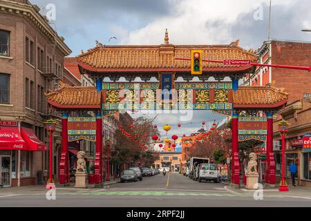 Blick auf die Fisgard Street mit dem chinesischen Tor in Chinatown, Victoria, Vancouver Island, British Columbia, Kanada. Stockfoto