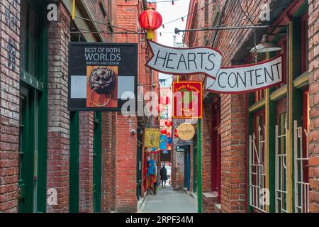 Die schmale Fan Tan Gasse mit Geschäften in Victoria, British Columbia, Kanada. Stockfoto