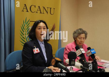 (190912) -- GENF, 12. September 2019 -- Pansy Ho Chiu-King (L), Vorsitzende der Hong Kong Federation of Women, nimmt am 11. September 2019 an einer Pressekonferenz der Vereinigung der UN-Korrespondenten (ACANU) in Genf, Schweiz, Teil. Wir sollten uns hinsetzen und darüber nachdenken und zum Ausdruck bringen, sagte Ho auf der Pressekonferenz und fügte hinzu, dass, obwohl das Volk von Hongkong diese Freiheit hat, einige Radikale sich entschieden haben, sie nicht zu nutzen, sondern so viel Chaos zu verursachen, die Freiheit und das Recht anderer, ein normales Leben zu führen, als Geiseln zu nehmen. ) SCHWEIZ-GENF-UN-CHINA-HONGKONG-FRAUENBEAUFTRAGTE CHENXJUNXIA Stockfoto