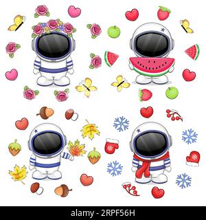 Set aus niedlichen Cartoon-Astronauten mit vier Jahreszeiten-Rahmen. Frühling, Sommer, Herbst und Winter Vektor Illustration mit Herzen, Blumen, Früchte. Stock Vektor