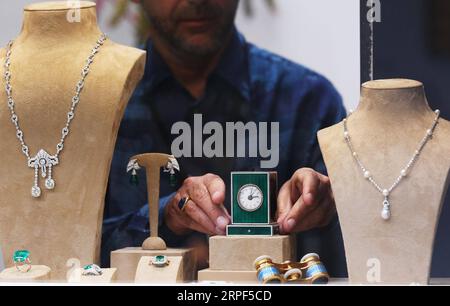 (190913) -- PARIS, 13. September 2019 -- ein Aussteller zeigt Schmuck bei einer Ausstellungsvorschau der La Biennale Paris 2019 im Grand Palais in Paris, Frankreich, 12. September 2019. Die 31. Ausgabe der Biennale Paris begann am Freitag im Grand Palais in Paris. Die diesjährige Ausstellung zog über 70 Aussteller an, die ihre antiken Möbel, Schmuck, Gemälde, Uhren, Uhren, etc. ) FRANCE-PARIS-LA BIENNALE PARIS GaoxJing PUBLICATIONxNOTxINxCHN Stockfoto