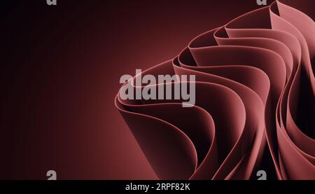 Roter Spiralstoff in Form von Blütenblättern. Hintergrund für eine Unternehmenspräsentation gibt es freien Platz für Text. 3D-Rendering. Stockfoto