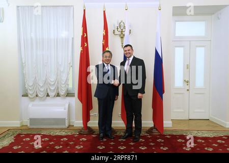 (190916) -- ST. PETERSBURG, 16. September 2019 -- der chinesische Vize-Ministerpräsident Hu Chunhua (L) und der russische Vize-Premierminister Maxim Akimov geben beim Co-Vorsitz der 23. Sitzung des Komitees für regelmäßige Treffen zwischen chinesischen und russischen Regierungschefs in St. PETERSBURG die Hand Petersburg, Russland, 16. September 2019. Lu Jinbo) RUSSIA-ST.PETERSBURG-CHINA-HU CHUNHUA-MAXIM AKIMOV-SESSION lujinbo PUBLICATIONxNOTxINxCHN Stockfoto