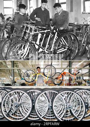 190919 -- PEKING, 19. September 2019 Xinhua -- Top: Das 1953 aufgenommene Aktenfoto zeigt einen qualifizierten Techniker, der Arbeiter in einer Fabrik im nordchinesischen Tianjin in der Montage von Fahrrädern unterweist. Unten: Das Foto, das am 9. Juli 2019 von Mu Yu aufgenommen wurde, zeigt einen Techniker, der an der Montagelinie einer Fahrradfabrik in Xingtai in der nordchinesischen Provinz Hebei arbeitet. Das Königreich der Fahrräder war einer der vielen Namen, die Ausländer vor einigen Jahrzehnten benutzten, um sich auf China zu beziehen. Fahrräder sind im Alltag der Menschen tief verwurzelt. Heute ist China immer noch voll mit Fahrrädern, aber heute ist das Fahrradteilen beliebt, bei dem mobile Zahlungen zur Einhaltung der Fahrräder erforderlich sind Stockfoto