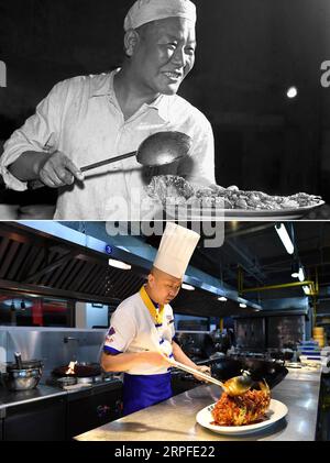 190922 -- PEKING, 22. Sept. 2019 -- Top: Das 1962 von Hua Ai aufgenommene Foto zeigt Kuang Maocai, einen Koch des Restaurants Linxiangzhai, der ein Gericht mit süßem und saurem Fisch in Taiyuan, der nordchinesischen Provinz Shanxi, zeigt. Unten: Foto aufgenommen am 6. Juni 2019 von Shows Zhang Lan, ebenfalls Koch von Linxiangzhai, der ein Gericht mit süßem und saurem Fisch in Taiyuan zubereitet. Kuangs süß-säuerlicher Fisch ist zu einem typischen Gericht des Restaurants geworden. Seine Geschichte wurde so oft von seinem Nachfolger Zhang Lan gehört, der versucht, Innovationen in traditionellen Gerichten mit mehr Optionen in Zutaten und fortschrittlicheren Kochkünsten zu machen Stockfoto