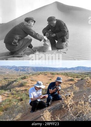 190923 -- PEKING, 23. September 2019 -- Top: Das 1979 von Zhao Changchun aufgenommene Foto zeigt Xia Xuncheng R, eine Forscherin der Chinesischen Akademie der Wissenschaften, die eine Sandprobe in der nordwestchinesischen Lop nur Wüste nimmt. Unten: Foto aufgenommen am 30. Mai 2019 von den Shows Wang Bingyao R und Li Yunfei von der akademischen Forschung der Shapotou-Station unter dem chinesischen Ökosystemforschungsnetzwerk, das die Oberflächentemperatur von Sanddünen am südlichen Rand der Tengger-Wüste in Zhongwei City testet, die autonome Region Ningxia Hui im Nordwesten Chinas. Chinas Bestrebungen, die Wüste zu zähmen, reichen bis in die 1950er Jahre zurück, als es darum ging, die Wüste zu zähmen Stockfoto