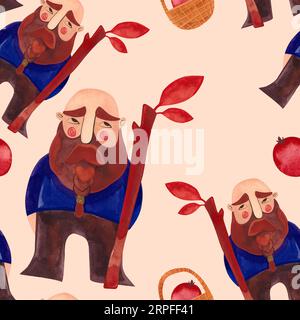 Aquarell-Nahtpaarung mit Herbstzwergen. Saisonales Geschenkpapier. Rasterdarstellung für Verpackungen, Heimtextilien, Dekor und Tapeten. Stockfoto