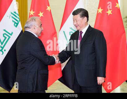 190923 -- PEKING, 23. September 2019 -- der chinesische Präsident Xi Jinping trifft sich mit dem irakischen Premierminister Adel Abdul Mahdi in der Großen Halle des Volkes in Peking, der Hauptstadt Chinas, am 23. September 2019. CHINA-PEKING-XI JINPING-IRAQI PM-MEETING CN HUANGXJINGWEN PUBLICATIONXNOTXINXCHN Stockfoto