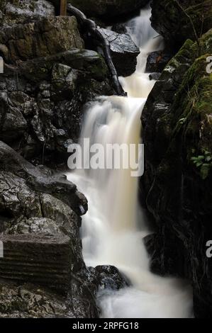 Kaskade auf der Afon Sychryd an der Seite von Craig y Ddinas. Gesamtfall von etwa 25 Fuß. Stockfoto