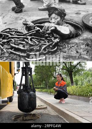 190924 -- PEKING, 24. September 2019 -- Top: Das 1983 von Yan Yang aufgenommene Aktenfoto zeigt einen Arbeiter, der die Kanalisation in Huangshi in der zentralchinesischen Provinz Hubei reinigt. Unten: Das Foto, das am 25. Juni 2019 von aufgenommen wurde, zeigt einen Sanitäter, der ein automatisches Gerät zur Reinigung der Kanalisation im Gaotang County in der ostchinesischen Provinz Shandong steuert. 1949, als die Volksrepublik China gegründet wurde, sah sich das chinesische Volk einem verwüsteten Land gegenüber, das nach Jahrzehnten der Kriegsführung und des Chaos von Grund auf neu aufgebaut werden musste. Nach Jahrzehnten der unermüdlichen Bemühungen und des Engagements des chinesischen Volkes ist China zu t gewachsen Stockfoto