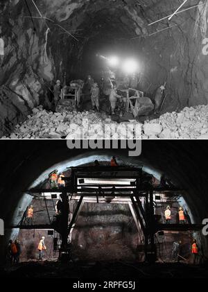190924 -- PEKING, 24. September 2019 -- Anfang: das 1982 aufgenommene Aktenfoto zeigt Offiziere und Soldaten des ehemaligen Eisenbahnkorps der chinesischen Volksbefreiungsarmee PLA, die auf der Baustelle eines Wasserumleitungsvorhabens arbeiten, um Wasser aus dem Luanhe-Fluss in das nordchinesische Tianjin zu senden. Unten: Foto vom 25. Mai 2019 zeigt Mitarbeiter der China Railway 18th Bureau Group Co., Ltd., deren Vorgänger die 8. Division des Eisenbahnkorps der PLA war, die am Dajianshan-Tunnel der Yuxi-Mohan-Eisenbahn in der Provinz Yunnan im Südwesten Chinas arbeiteten. Im Jahr 1949, als die Volksrepublik China war Stockfoto