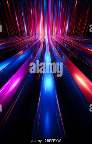 Blauer rosa roter abstrakter Neonpfeil. Geschwindigkeit und Technologiekonzept. Leuchtende Linien, futuristische Straße. Vertikales modernes Poster Stockfoto