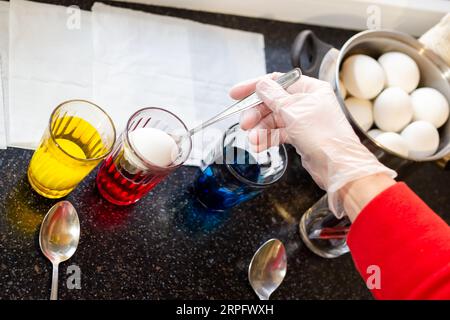 Eine Frau färbt Hühnereier in mehrfarbigen Lebensmittelfarben. Vorbereitung auf das Osterfest. Stockfoto