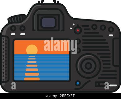 Rückansicht der DSLR-Kamera mit Sonnenuntergang im digitalen Sucher isolierte Vektorillustration für den World Nature Photography Day am 15. Juni Stock Vektor