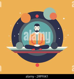 Mann mit Bart in Yoga-Lotus-Pose, Konzeptkunst, minimalistisches flaches Design, isoliert vom Hintergrund, kreative Vektorillustration. Stockfoto