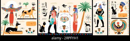 Altes Ägypten horizontales Papyrus. Pyramidenbild. Die Geschichte der Pharaonen. Göttermythologie. Verlorene Zivilisation. Heilige Katze oder Skarabäus. Alte Hieroglyphen. Ägyptisch Stock Vektor