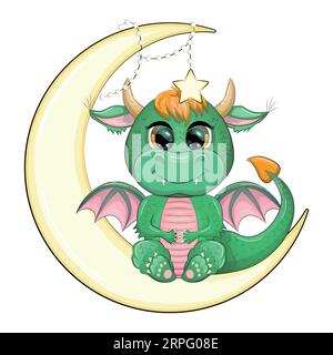 Ein süßer, karikaturgrüner Drache sitzt auf dem Mond. Jahr 2024 Chinesischer Kalender Stock Vektor