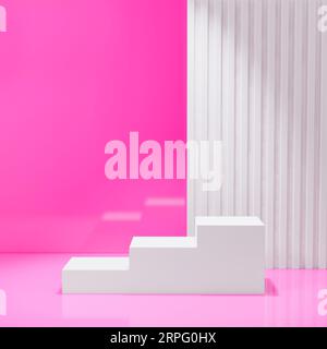 Weißes dreistufiges Podium mit Schatten. Geometrische Plattform. Abstrakte rosa Minimal-Wandszene. 3D-geometrische Form für die Produktpräsentation Stockfoto