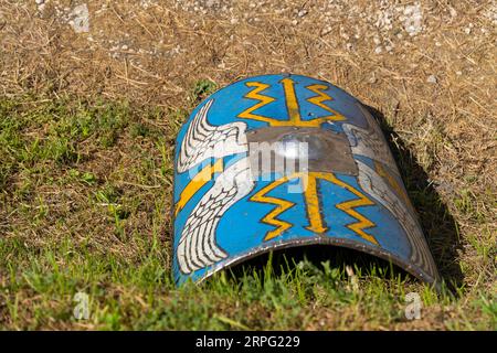 Alte römische blaue Schilde im Gras Stockfoto