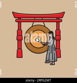 Asiatische Frau schlägt große gong-Vektor-Illustration für Tag des Gong am 21. Juni Stock Vektor