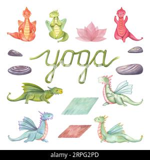 Set mit Drachen beim Yoga. Tiermeditation. Farbige Drachen, Teppiche, Steine, Lotus. Cartoon-Stil. Aquarelldarstellung isoliert auf weiß Stockfoto