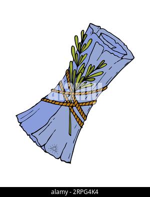 Rollen Sie mit Rosmarinzweig, der mit Seil, Hexerei, Verschwörungen, Zaubersprüchen, halloween-Attribut gefesselt ist, von Hand gezeichnetes Doodle, Farbscrollen mit gerissener Kante Stock Vektor