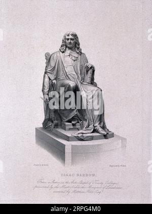 Isaac Barrow Statue, 1630–1677, war ein englischer christlicher Theologe und Mathematiker, der für seine frühe Rolle in der Infinitesimalrechnung bekannt war. Er war auch der erste Inhaber der Lucasian Professorship of Mathematics an der Cambridge University, stipple Gravur von W. Holl nach Matthew Noble. Stockfoto