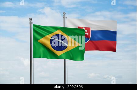 Slowakische Republik oder die Flagge der Slowakei und Brasiliens, die im Wind am blauen Himmel zusammenwinken, zwei Konzepte der Länderzusammenarbeit Stockfoto