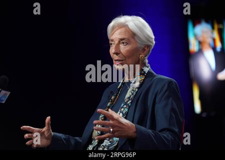 191008 -- WASHINGTON, 8. Oktober 2019 -- Christine Lagarde, ehemalige Geschäftsführerin des Internationalen Währungsfonds IWF, spricht während eines Interviews mit Xinhua in Washington D.C., USA, am 19. September 2019. Interview: Der ehemalige IWF-Chef Lagarde ruft zu einem neuen Multilateralismus auf: U.S.-WASHINGTON-CHRISTINE LAGARDE-INTERVIEW LiuxJie PUBLICATIONxNOTxINxCHN Stockfoto