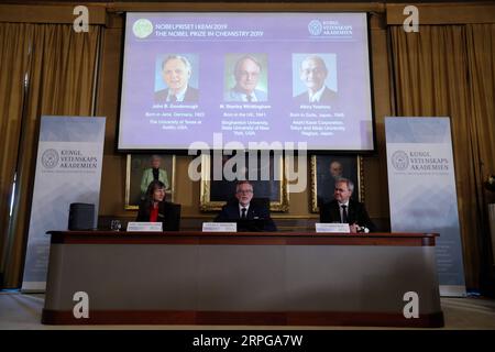191009 -- STOCKHOLM, 9. Oktober 2019 -- Goran Hansson C, Generalsekretär der Königlich Schwedischen Akademie der Wissenschaften, gibt 2019 den Nobelpreis für Chemie in Stockholm, Schweden, 9. Oktober 2019 bekannt. Der Nobelpreis für Chemie 2019 wird an drei Wissenschaftler verliehen, wie die Königlich Schwedische Akademie der Wissenschaften am Mittwoch mitteilte. Der Nobelpreis für Chemie 2019 wurde an John B. Goodenough, M. Stanley Whittingham und Akira Yoshino für die Entwicklung von Lithium-Ionen-Batterien verliehen. SCHWEDEN-STOCKHOLM-NOBEL-CHEMIE ZhengxHuansong PUBLICATIONxNOTxINxCHN Stockfoto