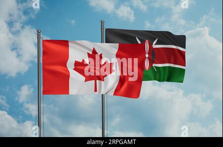 Kenia-Flagge und Kanadas Flagge, die am blauen Himmel zusammenwinken, zwei-Länder-Kooperationskonzept Stockfoto