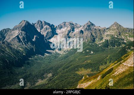 Blick auf die hohe Tatra von der Belianske Tatra, die die Majestät der slowakischen Berge unter einem unberührten blauen Himmel zeigt Stockfoto