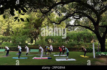 191011 -- PEKING, 11. Oktober 2019 -- Menschen üben Yoga in einem Park in Neu-Delhi, Indien, 21. Juni 2019. ZU GEHEN MIT: Spotlight: Film, Yoga, Smartphone-Industrie verbessern China-Indien Verbindungen INDIEN-CHINA-FILM-YOGA-SMARTPHONE ZhangxNaijie PUBLICATIONxNOTxINxCHN Stockfoto