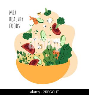 Geschnittenes Gemüse fliegt in die Schüssel. Salatzutaten. Kochvorgang. Mischung von Rohprodukten. Frische gesunde Lebensmittel. Brokkolistücke und grüner Salat Stock Vektor