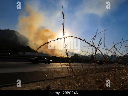 191013 -- LOS ANGELES, 13. Oktober 2019 -- Rauch von Saddleridge Feuer wird in Sylma, nordwestlich von Los Angeles Downtown, USA, 12. Oktober 2019 gesehen. Das Saddleridge-Feuer im Los Angeles County, das größte in Südkalifornien, hat 7.552 Acres verbrannt und ist 19 Prozent eingedämmt, laut einer Aktualisierung der Los Angeles Fire Department LAFD am Samstag. U.S.-LOS ANGELES-WILDFIRE LixYing PUBLICATIONxNOTxINxCHN Stockfoto