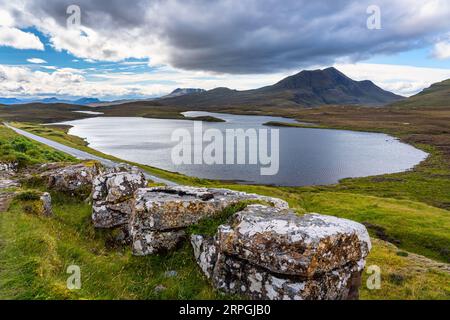 Panorama der Knochan Crag Trail in der North West Highlands in der Nähe von Ullapool Stockfoto