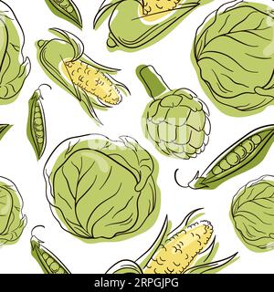 Nahtloses Muster mit handgezeichnetem Gemüse. Line Art Kohl, Mais, Erbsen, Artischocke. Vegetarische gesunde Lebensmittel-Vektor-Textur. Stock Vektor