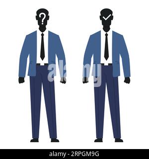 Anonymer männlicher, unbekannter gesichtsloser Benutzer, inkognito-Geschäftsperson mit Frage und Häkchen im Gesicht. Profilavatar des Geschäftsmannes. Der menschliche Körper. Cartoon Stock Vektor