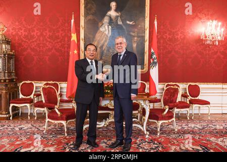 191018 -- WIEN, 18. Oktober 2019 -- der österreichische Präsident Alexander Van der Bellen R trifft sich mit Yang Xiaodu, einem Mitglied des Politbüros des Zentralkomitees der Kommunistischen Partei Chinas, ebenfalls stellvertretender Sekretär der Zentralkommission für Disziplin-Inspektion und Leiter der nationalen aufsichtskommission, am 17. Oktober 2019 in Wien, Österreich. ÖSTERREICH-WIEN-PRÄSIDENT-CHINA-YANG XIAODU-TREFFEN GUOXCHEN PUBLICATIONXNOTXINXCHN Stockfoto