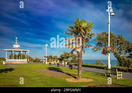 Ein Blick auf den Leas Bandstand auf den Leas Klippengärten über dem Strand in Folkestone, Kent, Großbritannien. Stockfoto