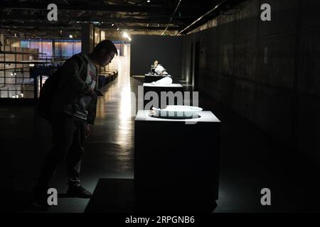 191019 -- JINGDEZHEN, 19. Oktober 2019 -- Ein Mann besucht eine Porzellanausstellung während einer Keramikmesse in Jingdezhen, ostchinesische Provinz Jiangxi, 18. Oktober 2019. Die fünftägige China Jingdezhen International Ceramic Fair 2019 wurde am Freitag eröffnet und zog fast 1.000 Porzellanfirmen aus dem in- und Ausland an. CHINA-JIANGXI-JINGDEZHEN-INTERNATIONAL CERAMIC FAIR CN ZHOUXMI PUBLICATIONXNOTXINXCHN Stockfoto