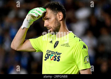 Etrit Berisha vom Empoli FC reagiert während des Serie-A-Fußballspiels zwischen Empoli FC und Juventus FC im Carlo Castellani Stadion in Empoli (Italien), S Stockfoto